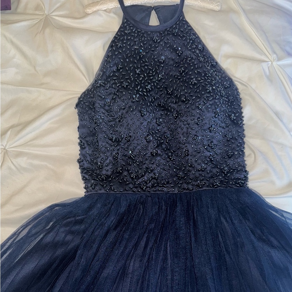 Sherri Hill Navy Blue Beaded Mini Dress